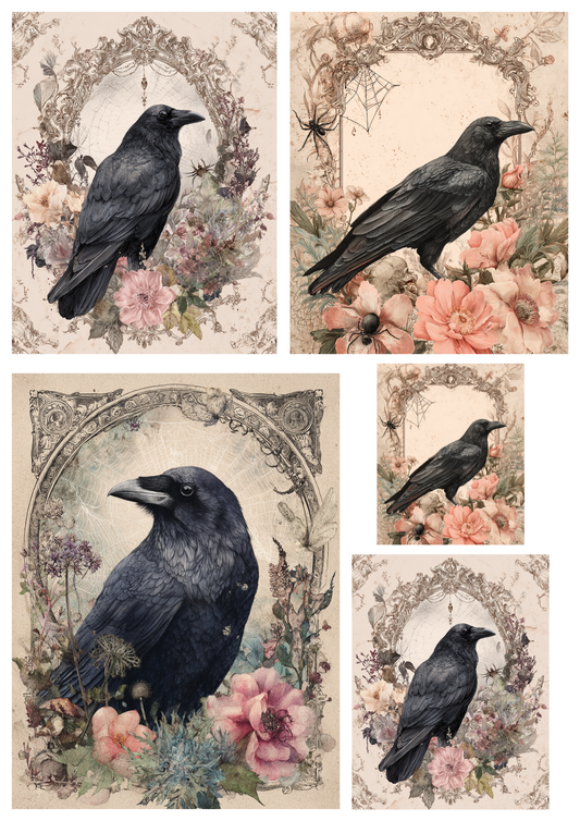Sticker Sheet / Greeting Card – Raven & Flowers Collage Cat. No. 9410