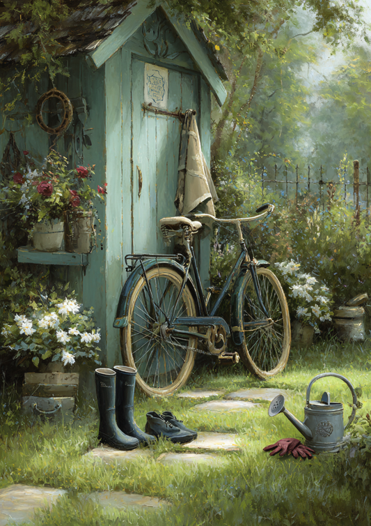 Sticker Sheet / Greeting Card – Rustic Garden Shed & Old Bicycle Full Cat. No. 9437
