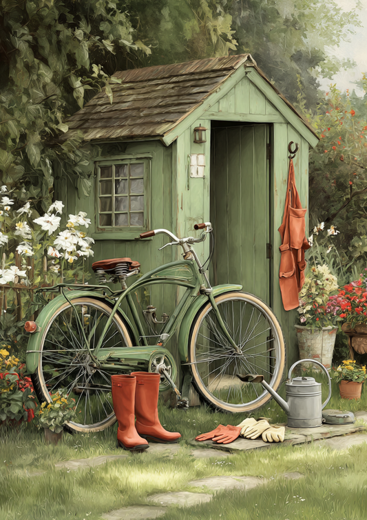 Sticker Sheet / Greeting Card – Rustic Garden Shed & Old Bicycle Full Cat. No. 9438