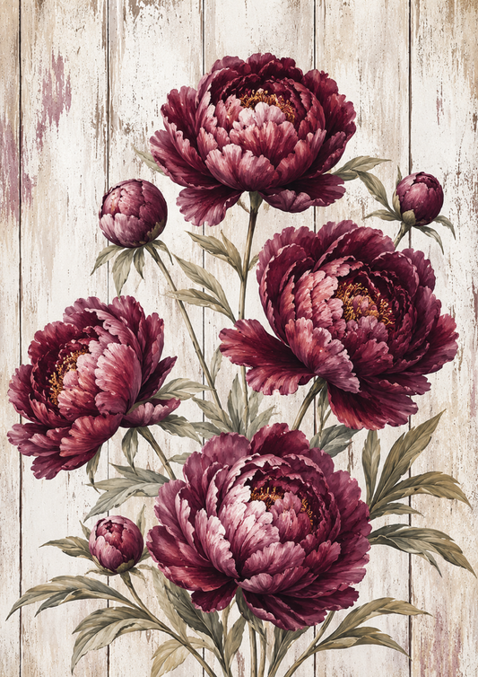 Sticker Sheet / Greeting Card – Burgundy Peonies on Wooden Desk Full Cat. No. 9481