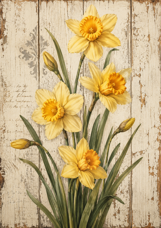 Sticker Sheet / Greeting Card – Daffodills on Wooden Board Full Cat. No. 9483