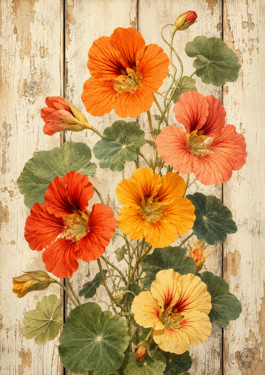 Sticker Sheet / Greeting Card – Delicate Nasturtium Flowers on Wooden Board Full Cat. No. 9484
