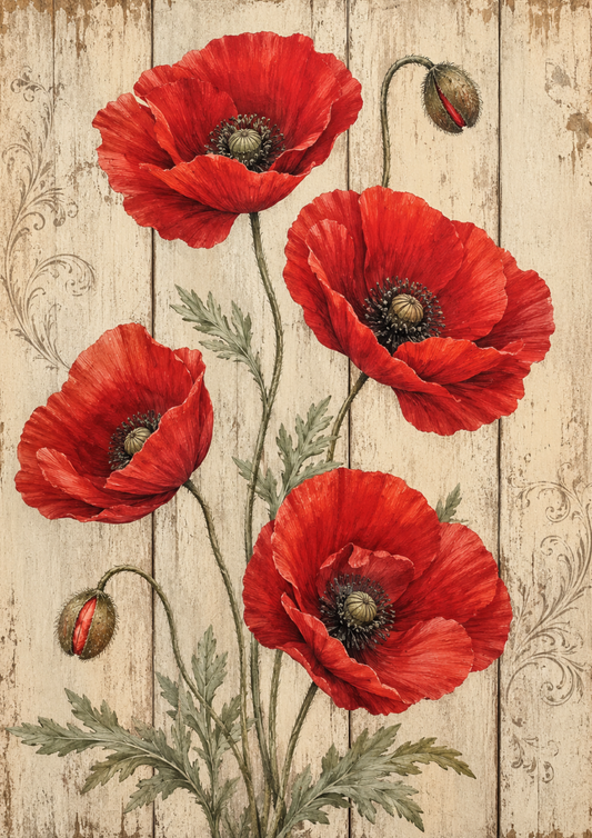 Sticker Sheet / Greeting Card – Red Poppies on Wooden Board Full Cat. No. 9485