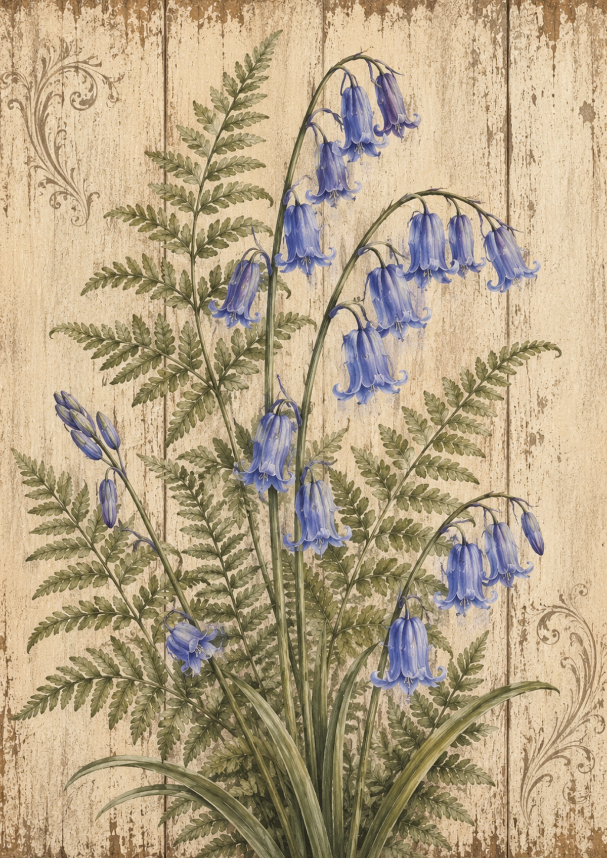 Sticker Sheet / Greeting Card – Blue Forest Bells & Fern on Wooden Board Full Cat. No. 9486