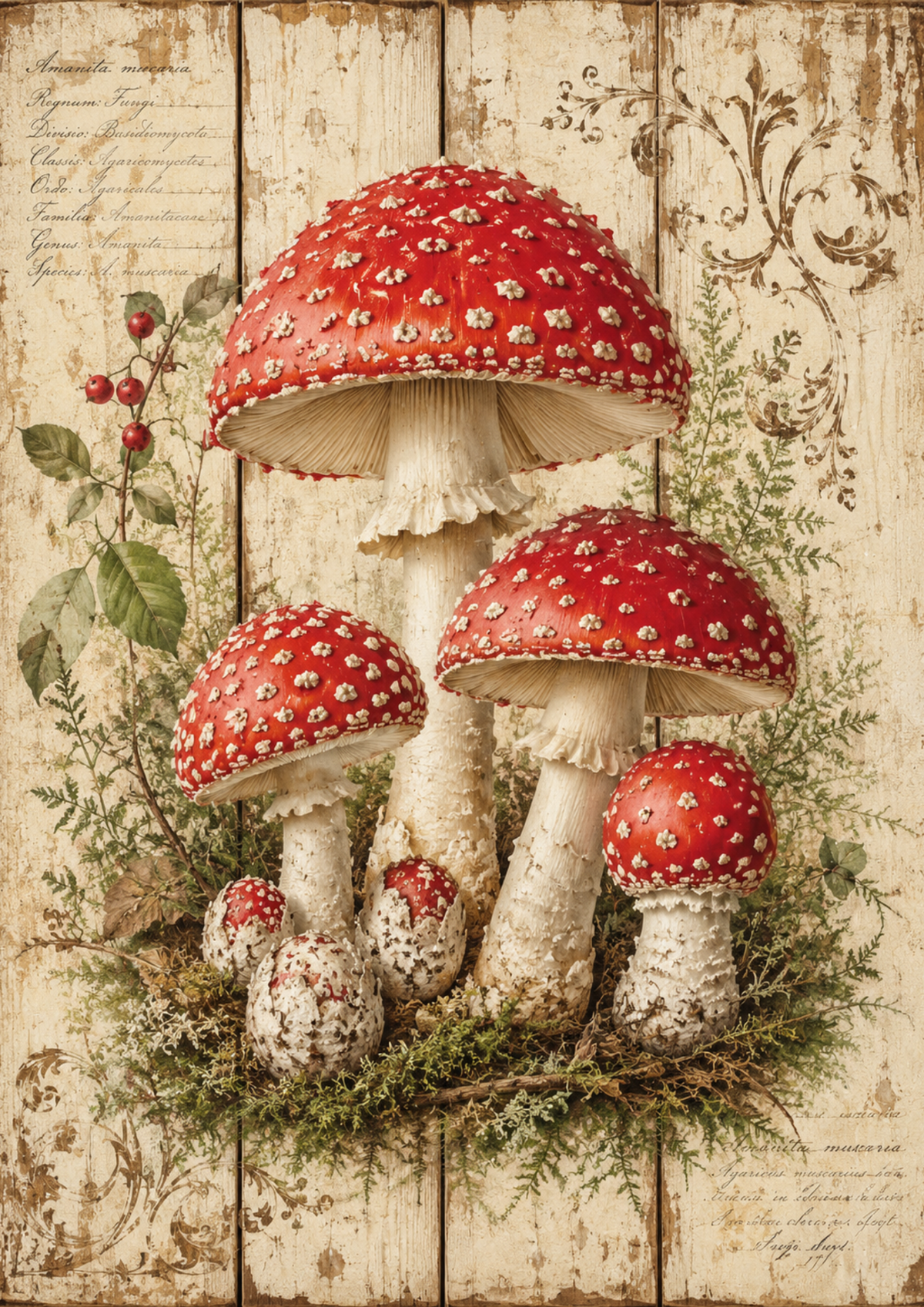 Sticker Sheet / Greeting Card – Red Toadstools on Wooden Board Full Cat. No. 9487