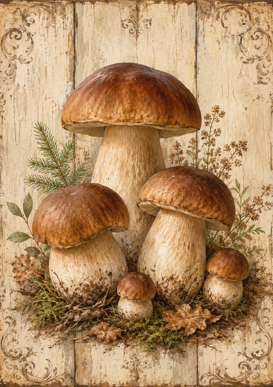 Sticker Sheet / Greeting Card – Porcini Mushrooms on Wooden Board Full Cat. No. 9488