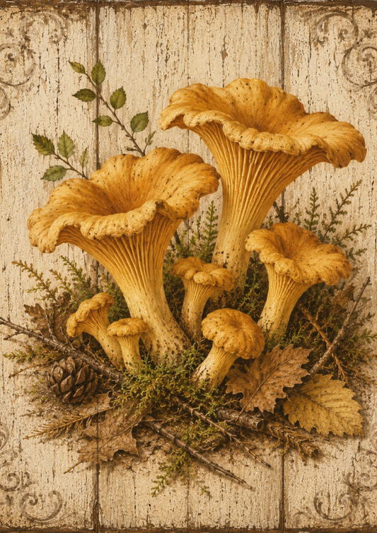 Sticker Sheet / Greeting Card – Golden Chanterelle Mushrooms on Wooden Board Full Cat. No. 9490