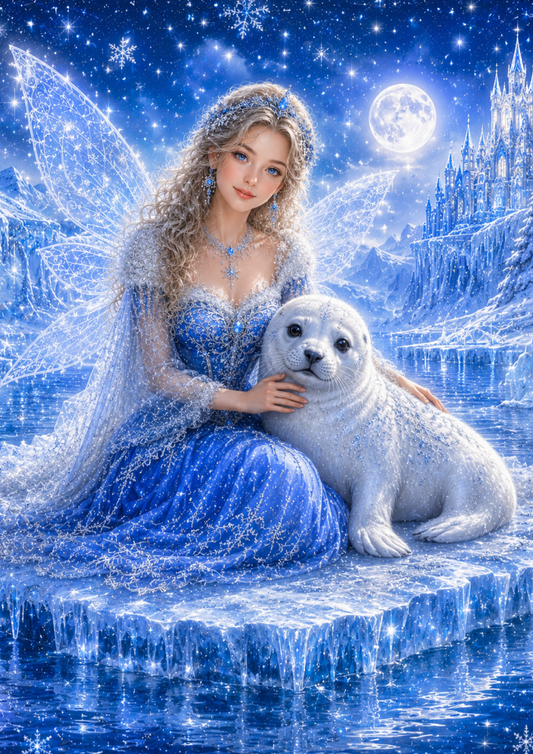 Sticker Sheet / Greeting Card – Beautiful Fairy with White Seal in Winter Wonderland Collage Cat. No. 9508