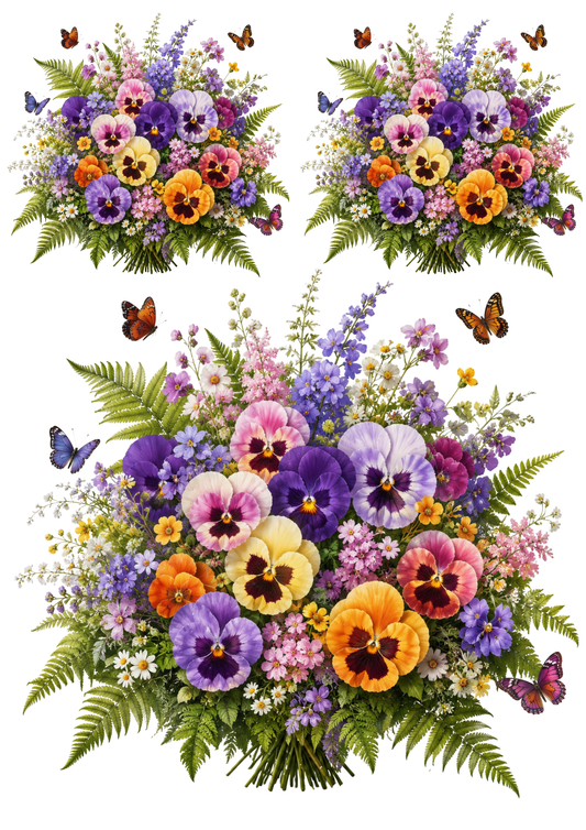 Sticker Sheet / Greeting Card – Pansies, Fern & Butterflies Collage Cat. No. 9511