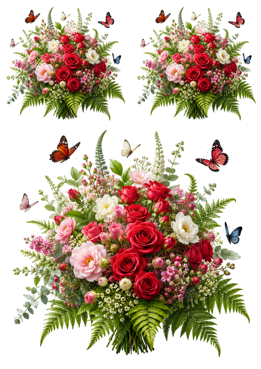 Sticker Sheet / Greeting Card – Vibrant Red Roses , Fern & Butterflies Collage Cat. No. 9512