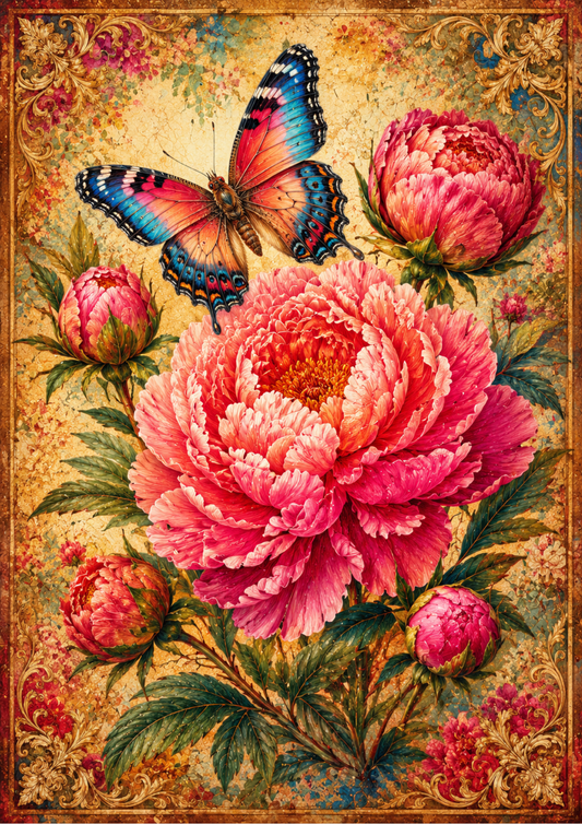 Sticker Sheet / Greeting Card – Pink Peony & Butterfly Full Cat. No. 9555