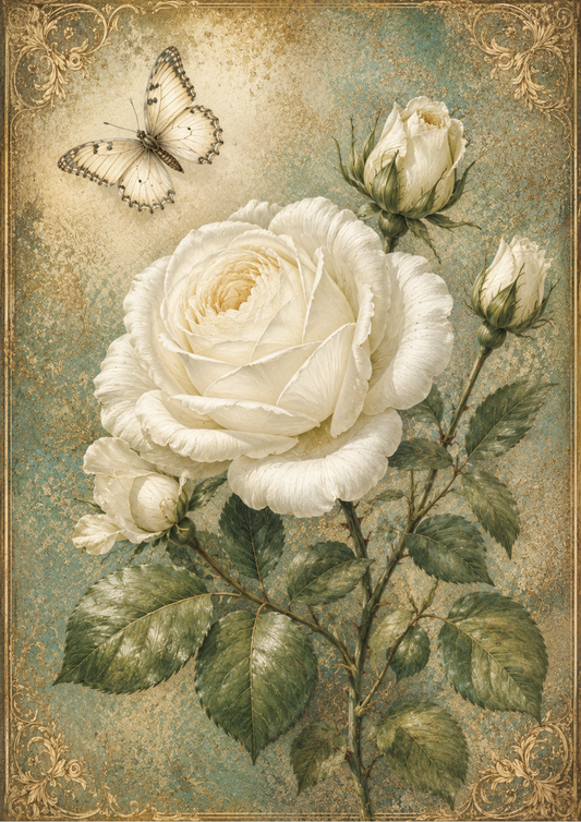 Sticker Sheet / Greeting Card – White Rose & Butterfly Full Cat. No. 9558