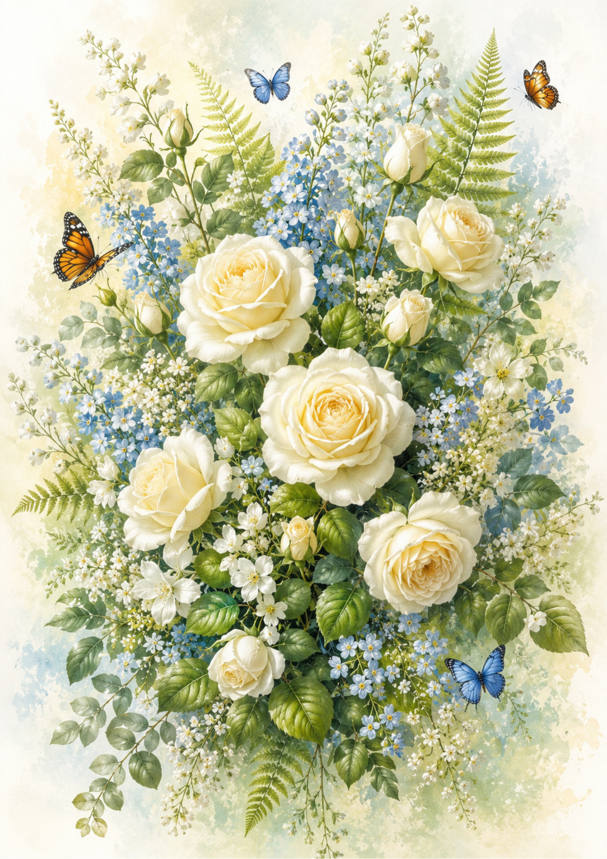 Sticker Sheet / Greeting Card – Delicate White Roses & Butterflies Full Cat. No. 9561