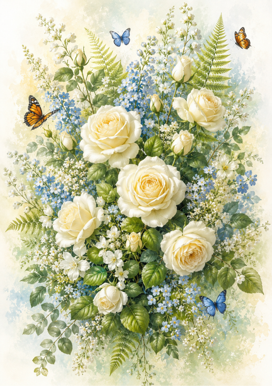Sticker Sheet / Greeting Card – Delicate White Roses & Butterflies Full Cat. No. 9561