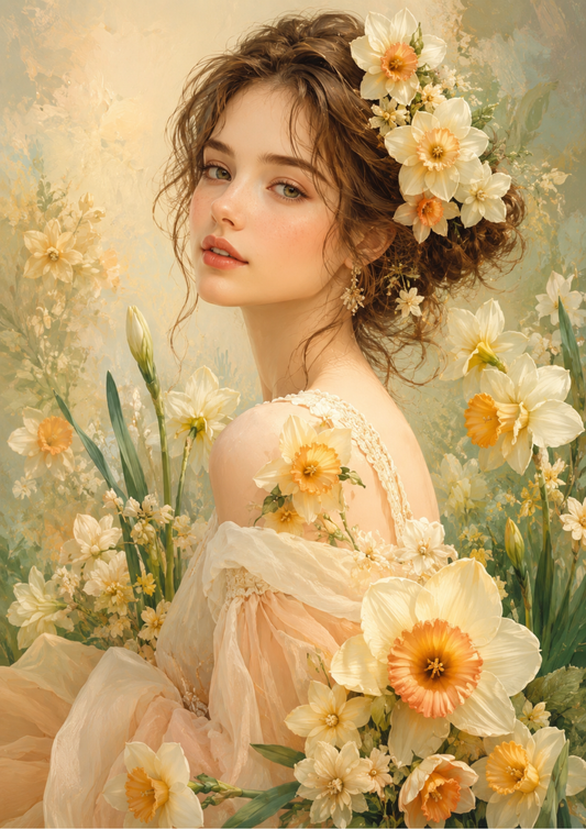 Sticker Sheet / Greeting Card – Beautiful Girl & Daffodills Full Cat. No. 9572