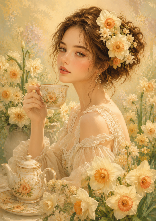 Sticker Sheet / Greeting Card – Beautiful Girl & Daffodills Full Cat. No. 9573