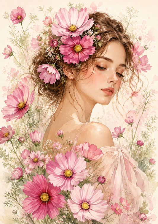Sticker Sheet / Greeting Card – Cosmos Flowers Woman Portrait Full Cat. No. 9590
