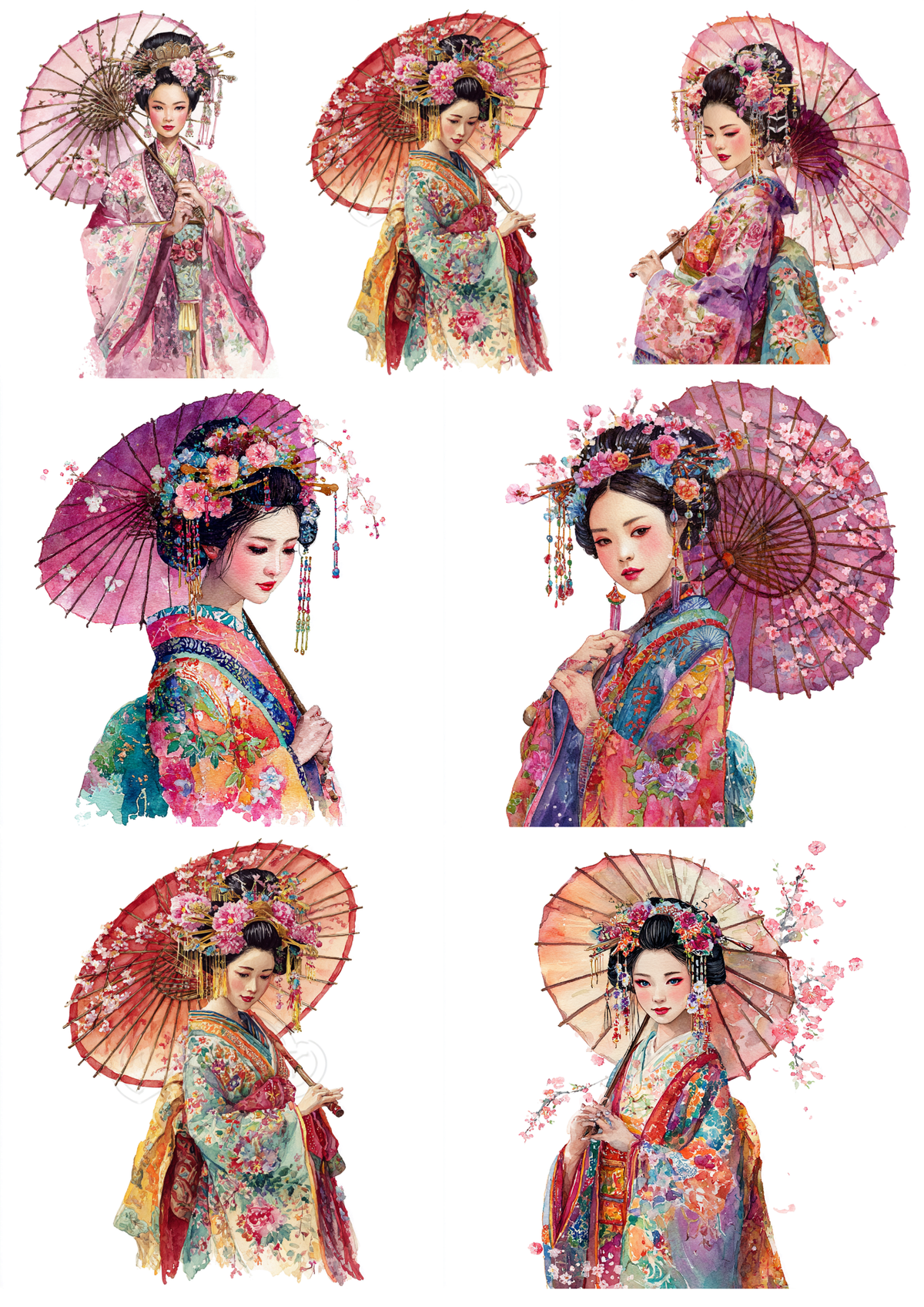 Sticker Sheet / Greeting Card – Beautiful Geisha with Umbrella Collage Cat. No. 9605