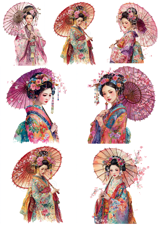 Sticker Sheet / Greeting Card – Beautiful Geisha with Umbrella Collage Cat. No. 9605
