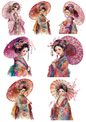Sticker Sheet / Greeting Card – Beautiful Geisha with Umbrella Collage Cat. No. 9605