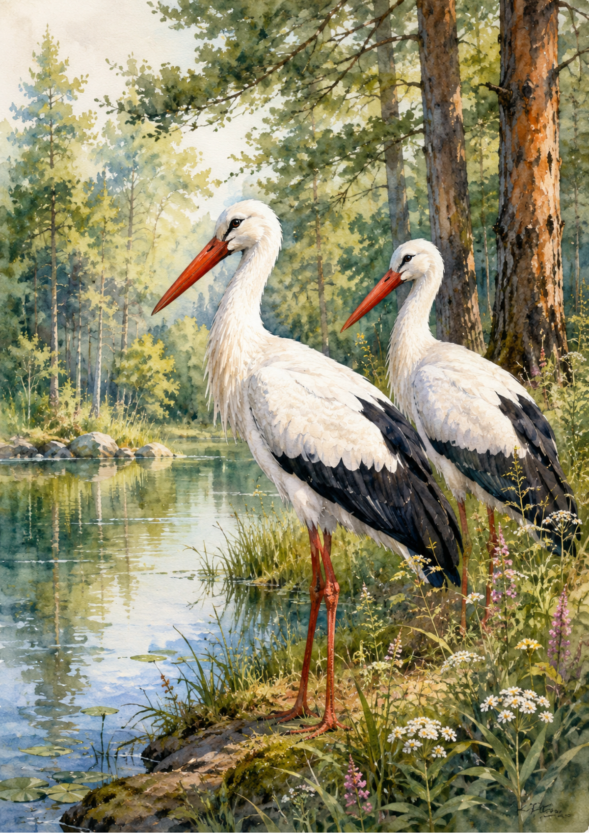 Sticker Sheet / Greeting Card – Two Storks Near Lake Full Cat. No. 9653