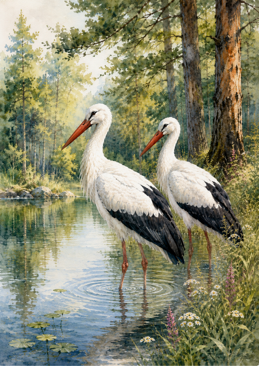 Sticker Sheet / Greeting Card – Two Storks Near Lake Full Cat. No. 9654