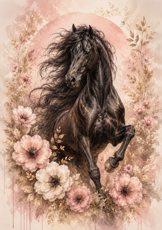 Sticker Sheet / Greeting Card – Black Horse in Shabby Chic Full Cat. No. 9657