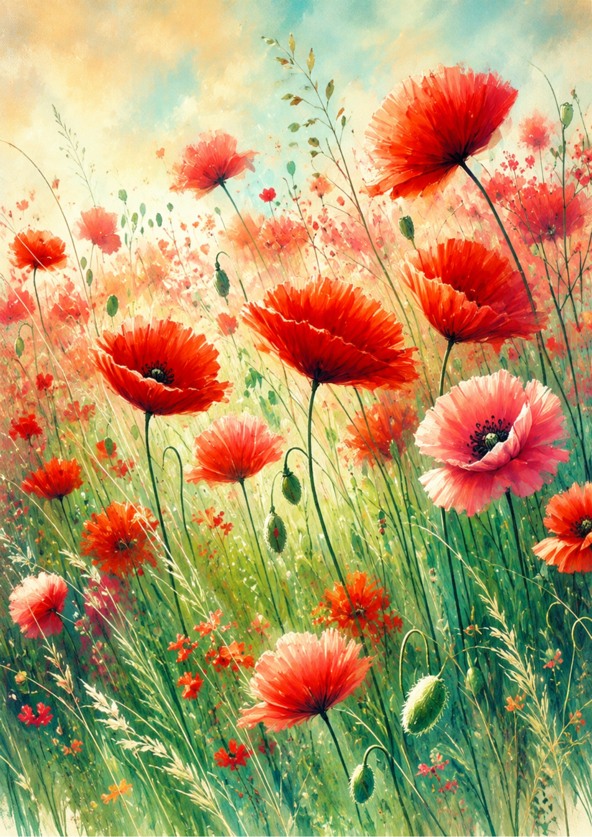 Sticker Sheet / Greeting Card – Red Poppies Summer Field Full Cat. No. 9674
