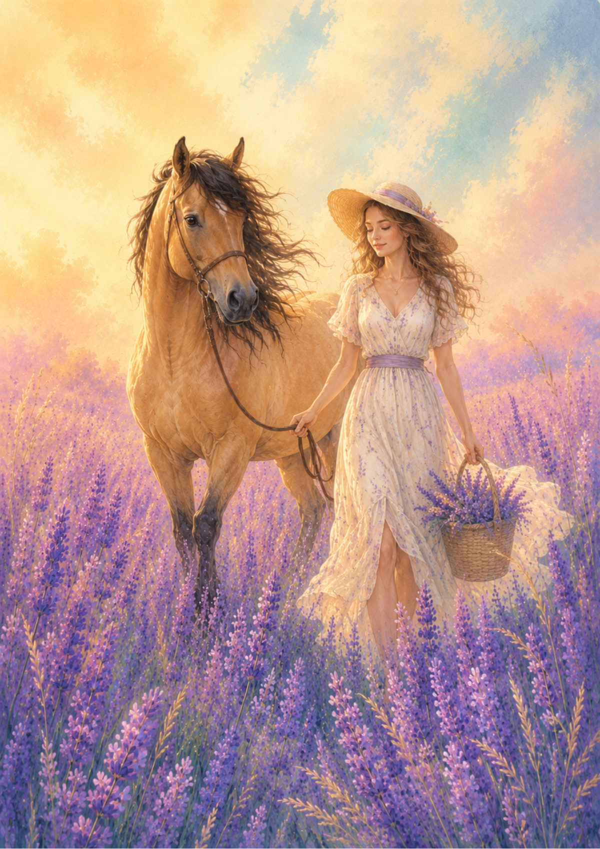 Sticker Sheet / Greeting Card – Horse , Girl & Wild Lavender Field Full Cat. No. 9680