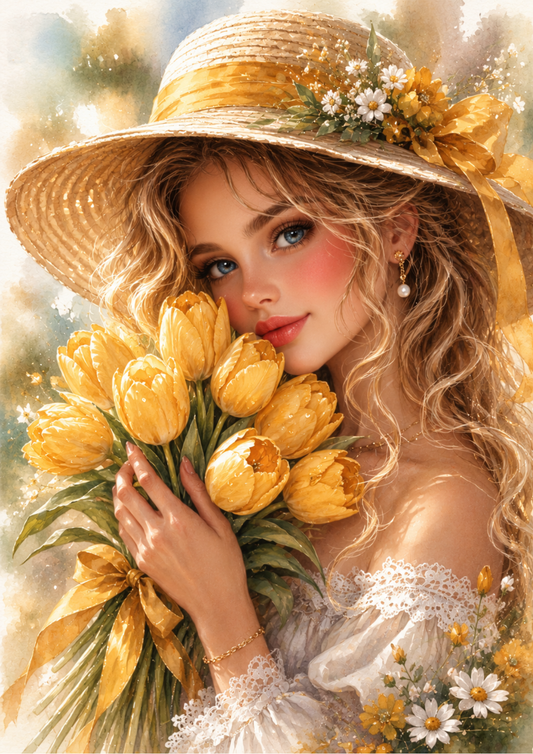 Sticker Sheet / Greeting Card – Woman Holding Yellow Tulips Full Cat. No. 9708
