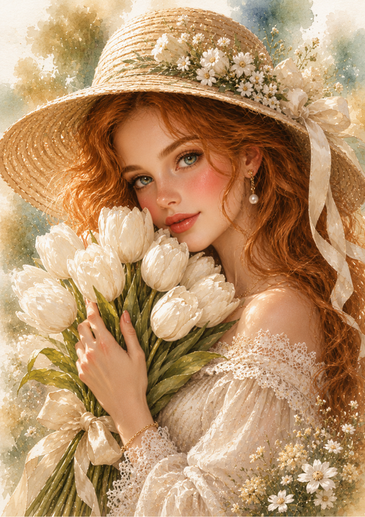 Sticker Sheet / Greeting Card – Woman Holding White Tulips Full Cat. No. 9709