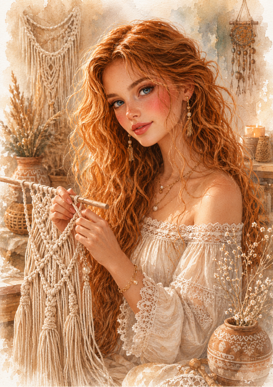 Sticker Sheet / Greeting Card – Boho Woman Making Macrama Full Cat. No. 9710