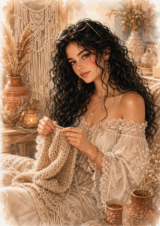 Sticker Sheet / Greeting Card – Woman Knitting Scarf Full Cat. No. 9711