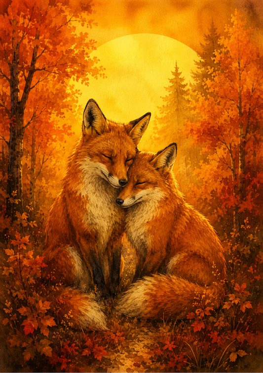 Sticker Sheet / Greeting Card – Two Foxes in Autumn Forest Full Cat. No. 9738