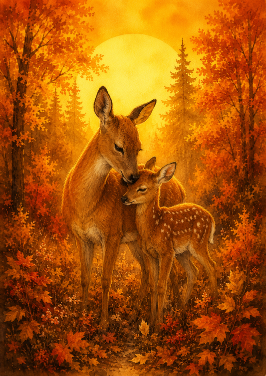 Sticker Sheet / Greeting Card – Deer Family in Autumn Forest Full Cat. No. 9739