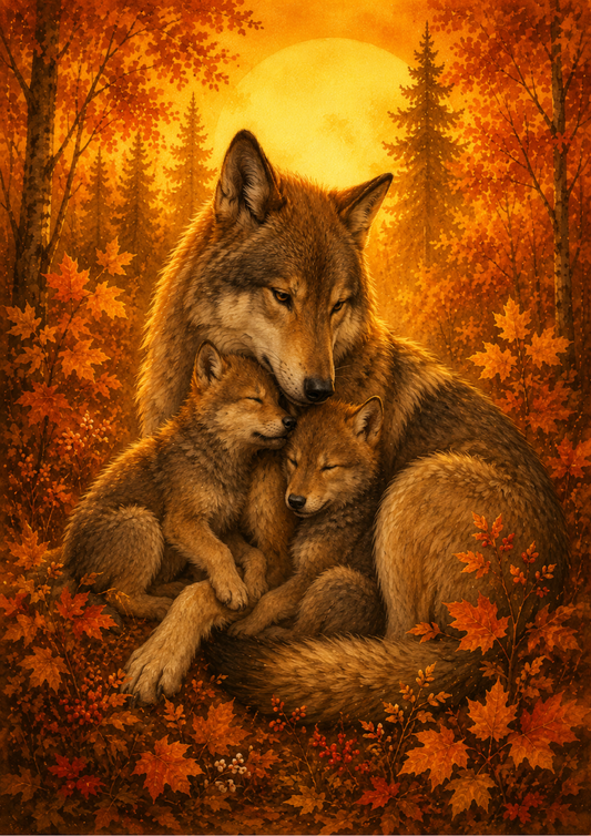 Sticker Sheet / Greeting Card – Wolf Family in Autumn Forest Full Cat. No. 9740