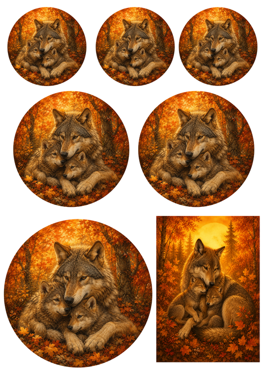 Sticker Sheet / Greeting Card – Wolf Family in Autumn Forest Collage Cat. No. 9741