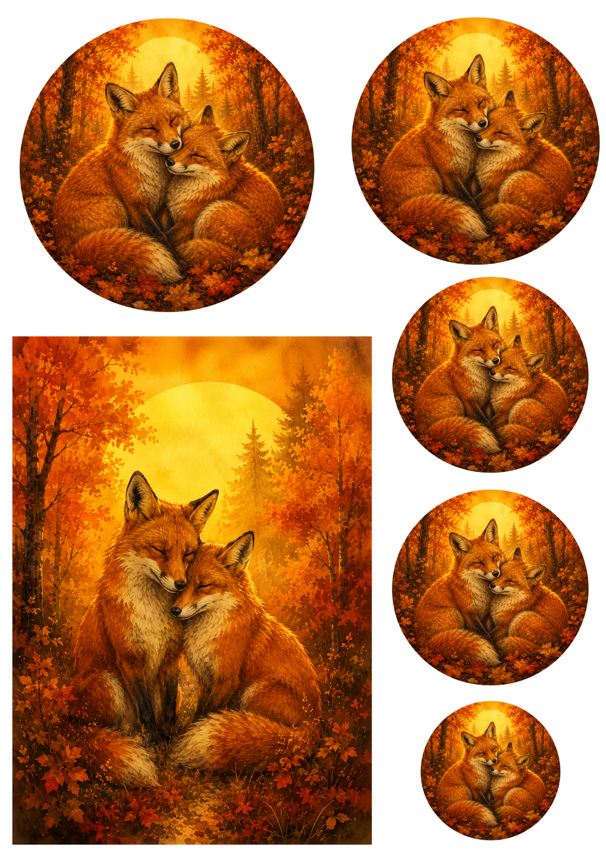 Sticker Sheet / Greeting Card – Foxes Family in Autumn Forest Collage Cat. No. 9742