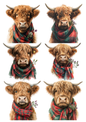Sticker Sheet / Greeting Card – Highland Cow with Tartan Scarf Collage Cat. No. 9748