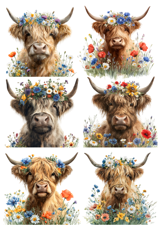 Sticker Sheet / Greeting Card – Highland Cow in Floral Meadow Collage Cat. No. 9751