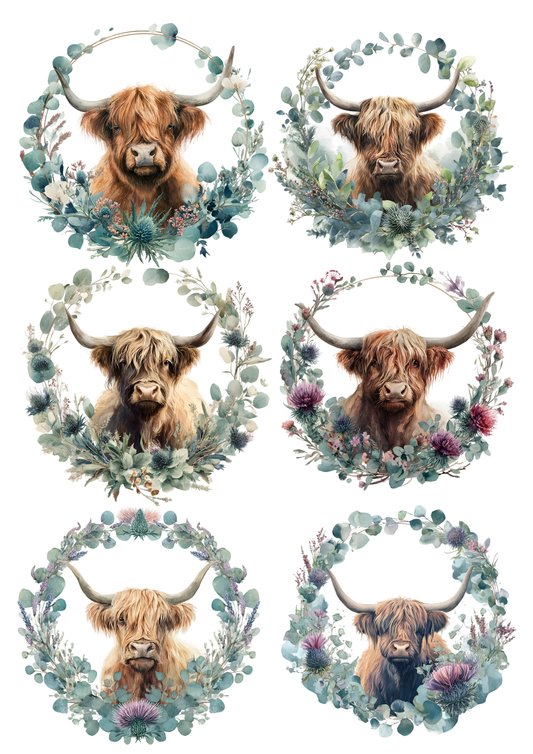 Sticker Sheet / Greeting Card – Highland Cow in Floral Wreath Collage Cat. No. 9752