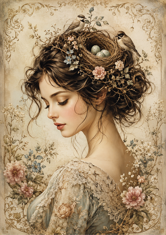 Sticker Sheet / Greeting Card – Woman with Bird Nest in Her Hair Full Cat. No. 9776