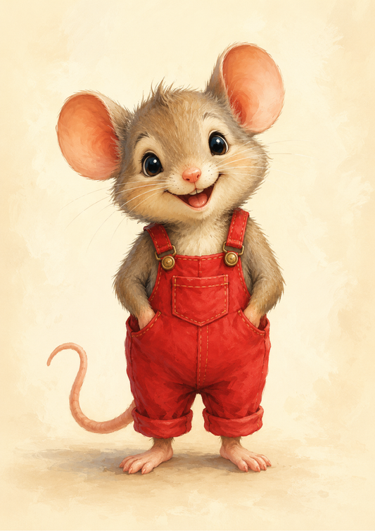 Sticker Sheet / Greeting Card – Cheerful Mouse in Red Overalls Full Cat. No. 9801