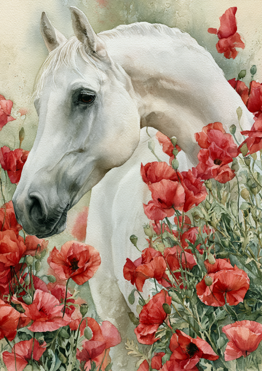Sticker Sheet / Greeting Card – White Horse in Poppies Full Cat. No. 9804