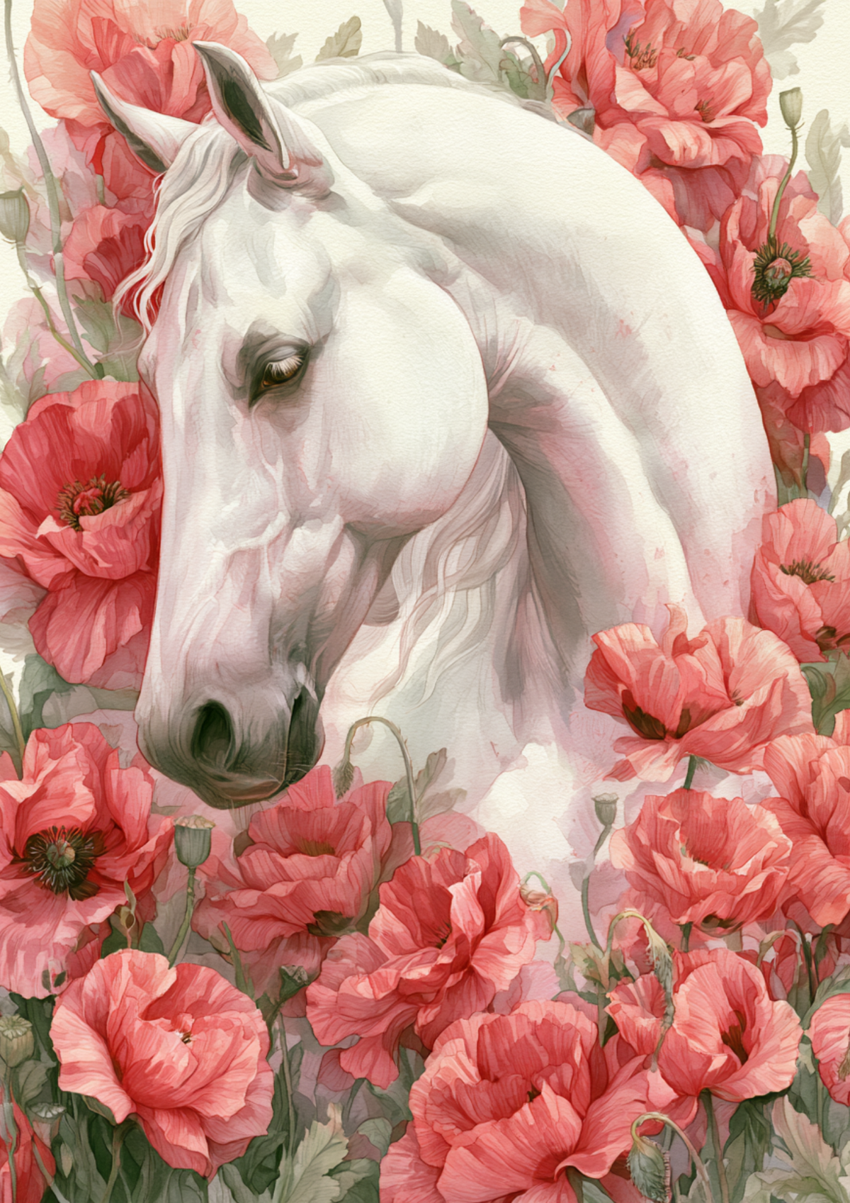 Sticker Sheet / Greeting Card – White Horse in Poppies Full Cat. No. 9805