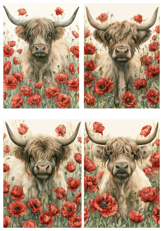 Sticker Sheet / Greeting Card – Highland Cow in Poppies Collage Cat. No. 9806