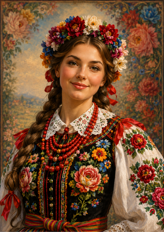 Sticker Sheet / Greeting Card – Young Woman in Polish Folk Costume Portrait Full Cat. No. 9821