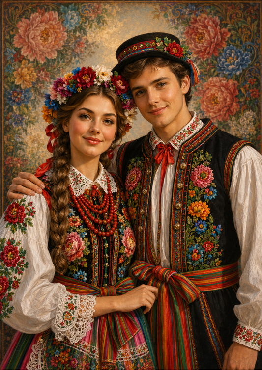 Sticker Sheet / Greeting Card – Young People in Polish Folk Costume Portrait Full Cat. No. 9822