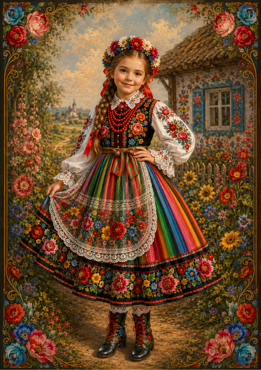 Sticker Sheet / Greeting Card – Little Girl in Polish Folk Costume Portrait Full Cat. No. 9823