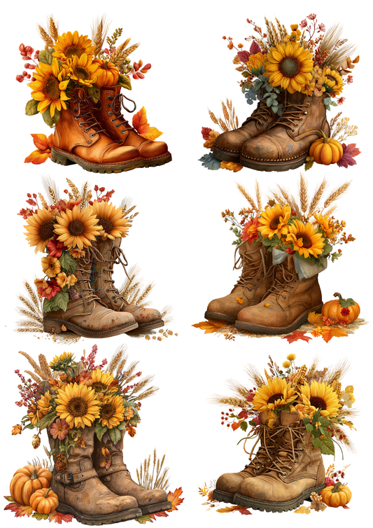Sticker Sheet / Greeting Card – Autumn Boots with Sunflowers & Pumpkins Collage Cat. No. 9847
